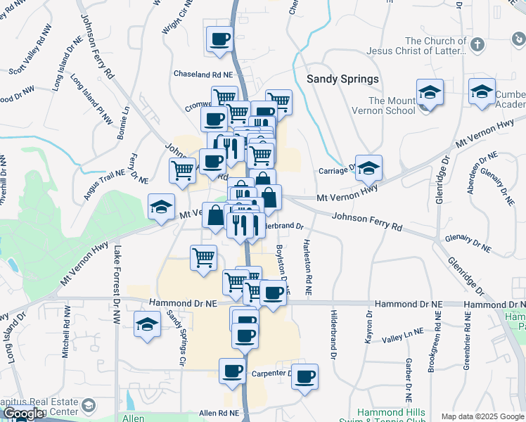 map of restaurants, bars, coffee shops, grocery stores, and more near 285a Mount Vernon Highway Northeast in Sandy Springs