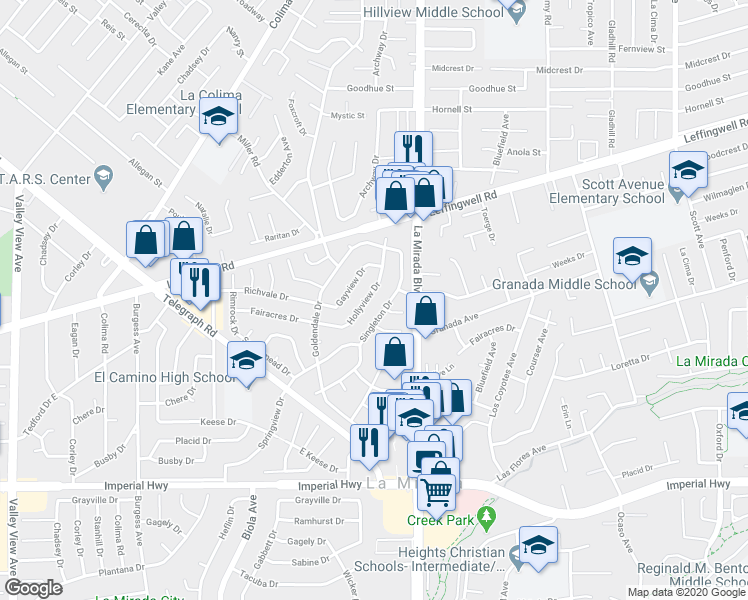 map of restaurants, bars, coffee shops, grocery stores, and more near 11744 Hollyview Drive in La Mirada