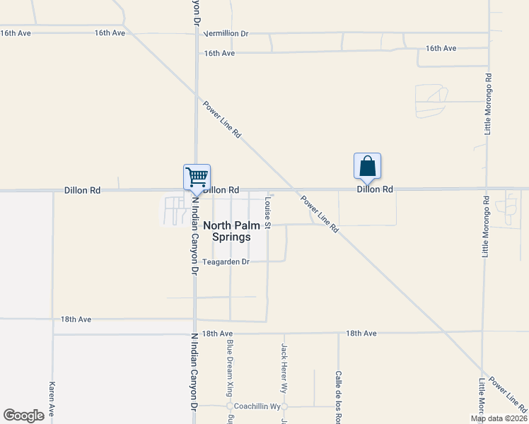 map of restaurants, bars, coffee shops, grocery stores, and more near 17800 Louise Street in Desert Hot Springs