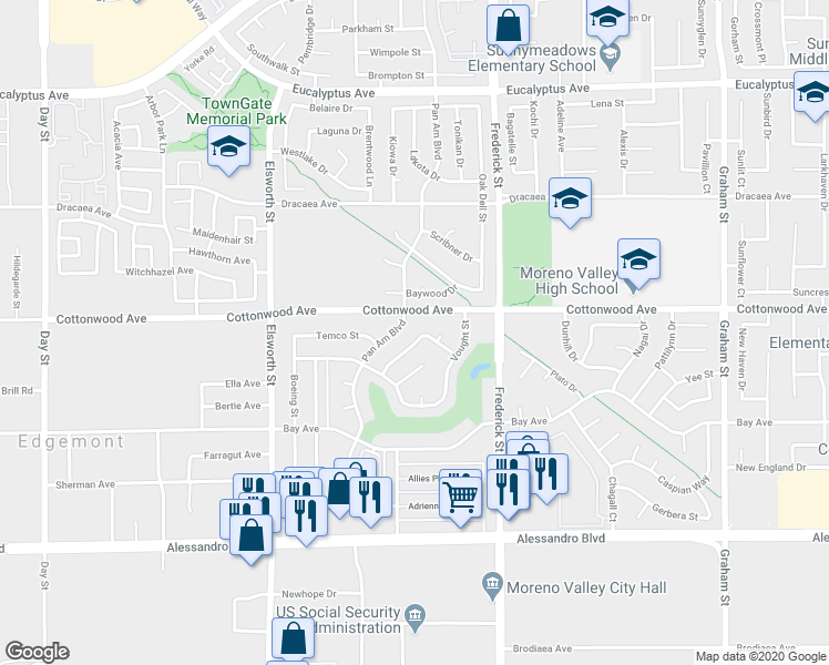 map of restaurants, bars, coffee shops, grocery stores, and more near 13597 Thunderbird Drive in Moreno Valley