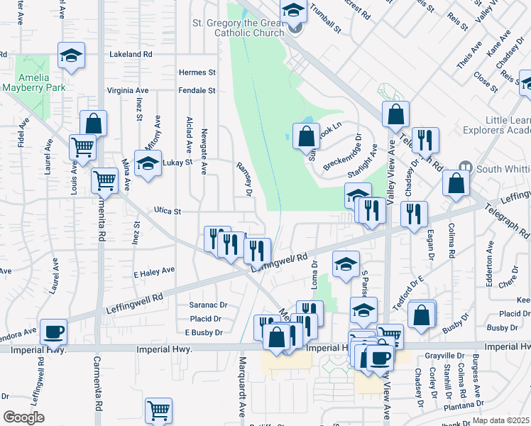 map of restaurants, bars, coffee shops, grocery stores, and more near 11912 Ramsey Drive in Whittier