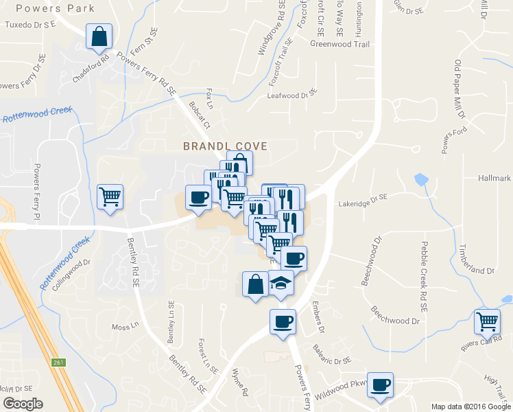 map of restaurants, bars, coffee shops, grocery stores, and more near 2975 Delk Road in Marietta