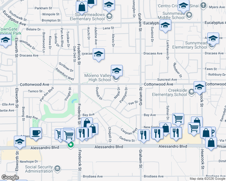 map of restaurants, bars, coffee shops, grocery stores, and more near 23269 Sweeney Drive in Moreno Valley