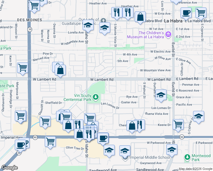 map of restaurants, bars, coffee shops, grocery stores, and more near 950 West Lambert Road in La Habra