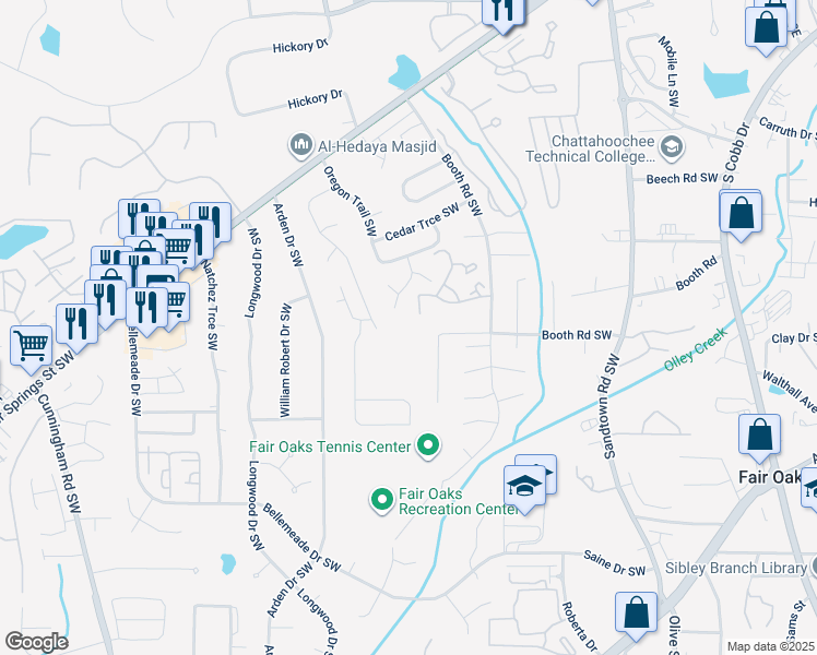 map of restaurants, bars, coffee shops, grocery stores, and more near 1217 Cayman Lane Southwest in Marietta