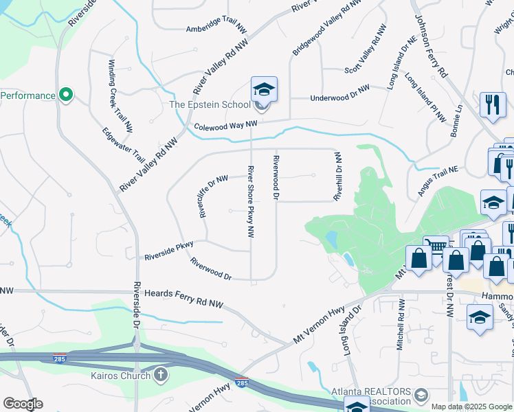 map of restaurants, bars, coffee shops, grocery stores, and more near 6185 River Shore Parkway Northwest in Atlanta