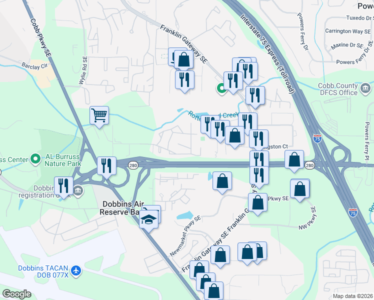 map of restaurants, bars, coffee shops, grocery stores, and more near 1202 Ashborough Terrace in Marietta