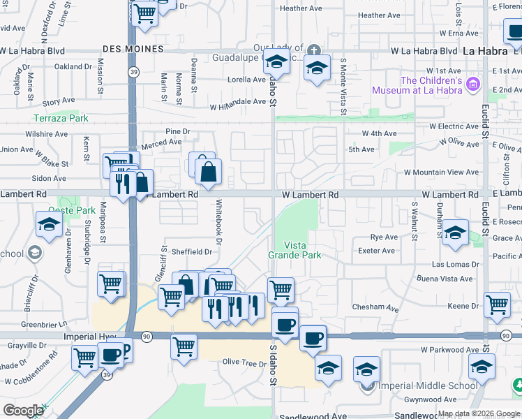 map of restaurants, bars, coffee shops, grocery stores, and more near 1200 West Lambert Road in La Habra