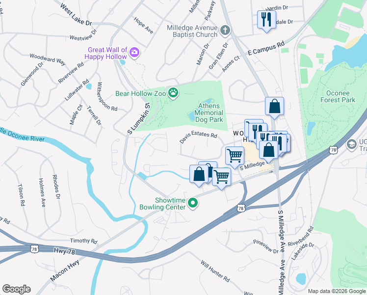 map of restaurants, bars, coffee shops, grocery stores, and more near 275 Davis Estates Road in Athens