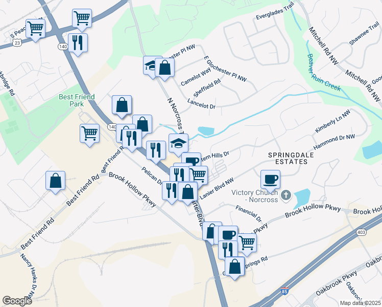 map of restaurants, bars, coffee shops, grocery stores, and more near 2190 North Norcross Tucker Road in Norcross