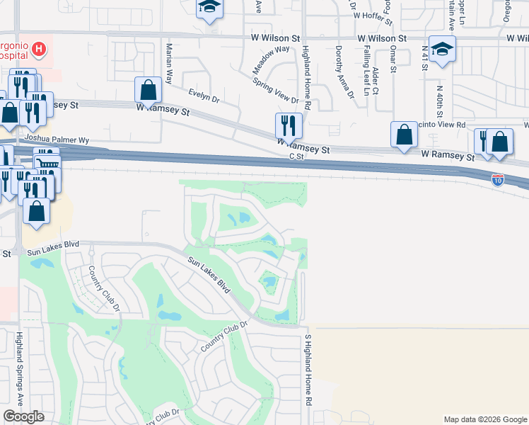 map of restaurants, bars, coffee shops, grocery stores, and more near 477 Brooklawn Drive in Banning