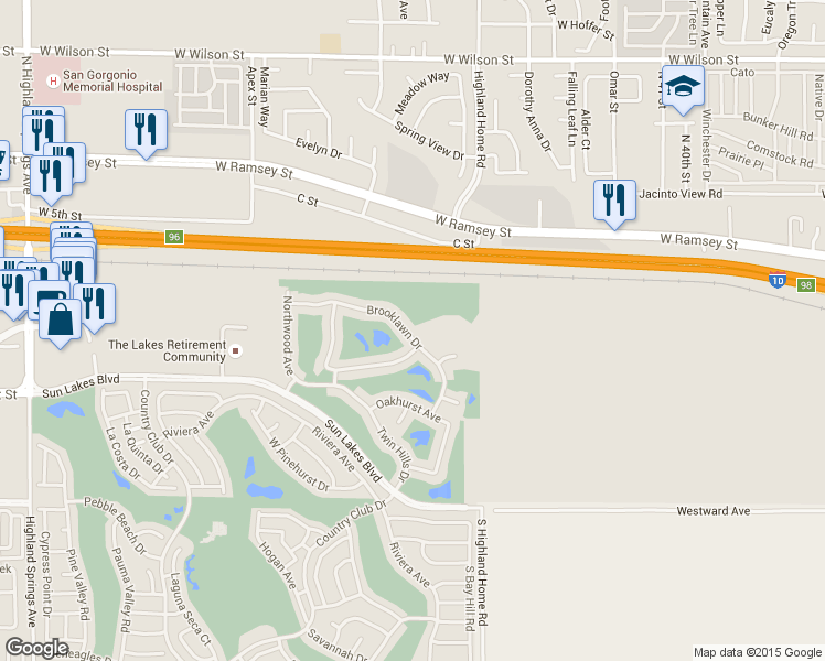 map of restaurants, bars, coffee shops, grocery stores, and more near 502 Brooklawn Drive in Banning