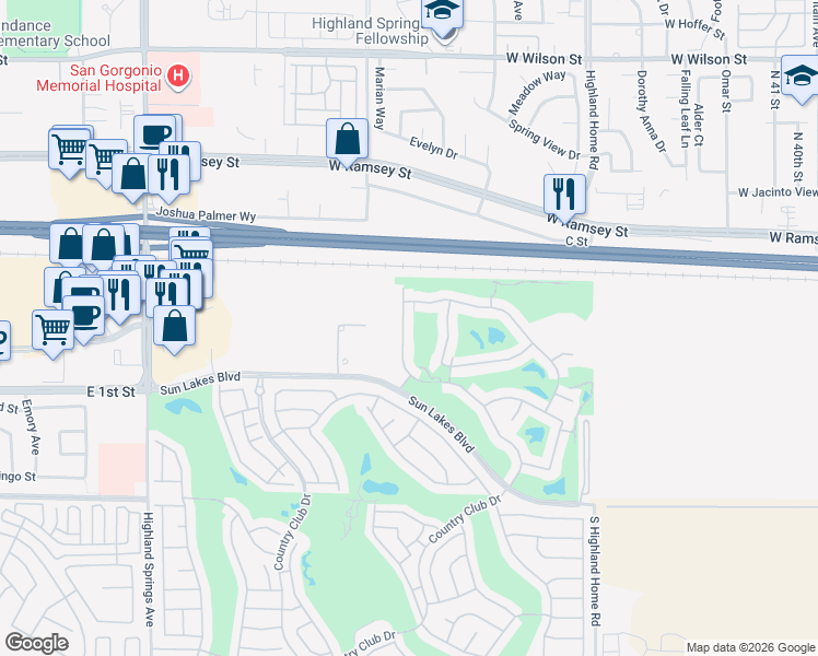 map of restaurants, bars, coffee shops, grocery stores, and more near 411 Northwood Avenue in Banning