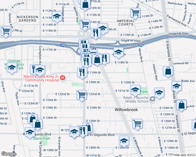 map of restaurants, bars, coffee shops, grocery stores, and more near 2041 East 120th Street in Los Angeles