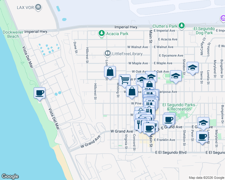 map of restaurants, bars, coffee shops, grocery stores, and more near 614 Loma Vista Street in El Segundo