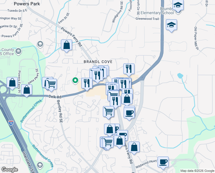 map of restaurants, bars, coffee shops, grocery stores, and more near 2868 Delk Road in Marietta