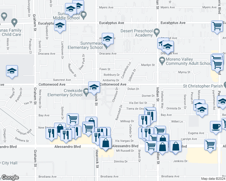 map of restaurants, bars, coffee shops, grocery stores, and more near 24115 Cottonwood Avenue in Moreno Valley
