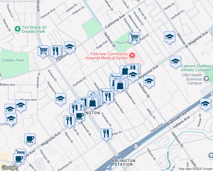 map of restaurants, bars, coffee shops, grocery stores, and more near 3889 Everest Avenue in Riverside