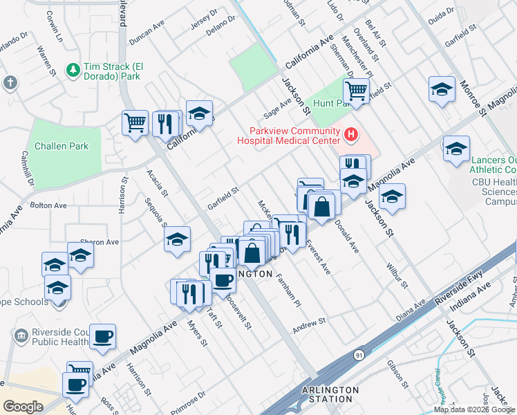 map of restaurants, bars, coffee shops, grocery stores, and more near 3934 McKenzie Street in Riverside