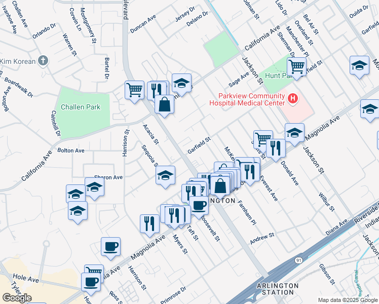 map of restaurants, bars, coffee shops, grocery stores, and more near 9473 Garfield Street in Riverside