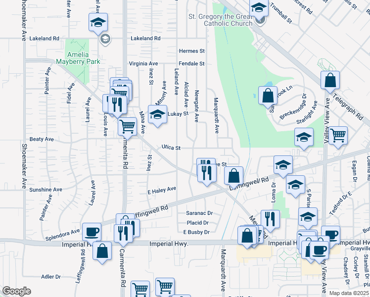 map of restaurants, bars, coffee shops, grocery stores, and more near 13621 Utica Street in Whittier