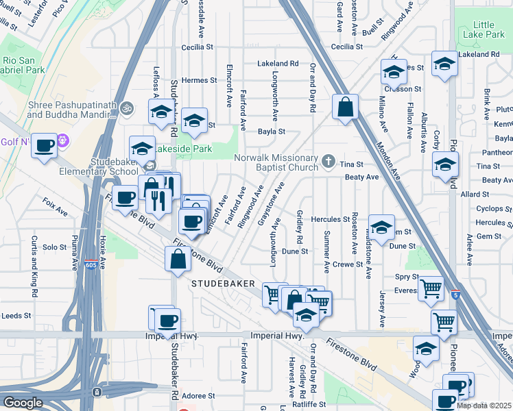 map of restaurants, bars, coffee shops, grocery stores, and more near 11857 Graystone Avenue in Norwalk