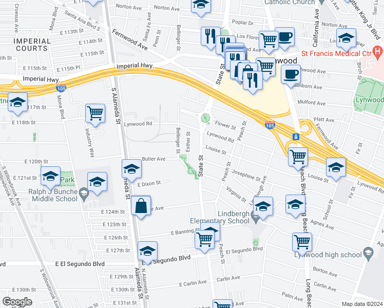 map of restaurants, bars, coffee shops, grocery stores, and more near 11661 Esther Street in Lynwood