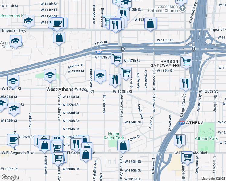 map of restaurants, bars, coffee shops, grocery stores, and more near 1023 West 120th Street in Los Angeles