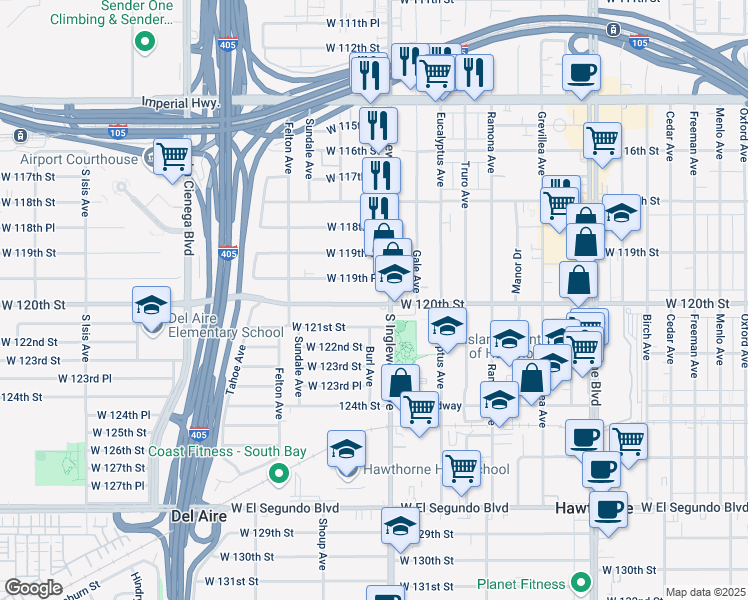 map of restaurants, bars, coffee shops, grocery stores, and more near in Hawthorne