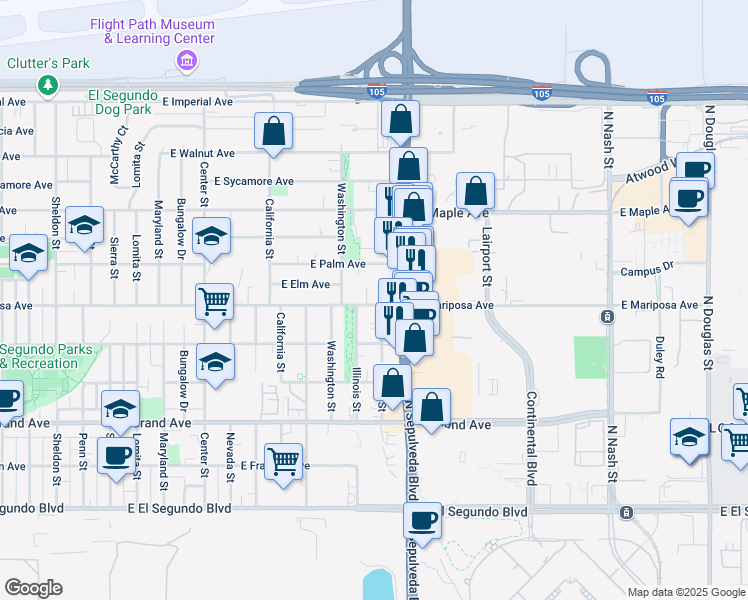 map of restaurants, bars, coffee shops, grocery stores, and more near in El Segundo