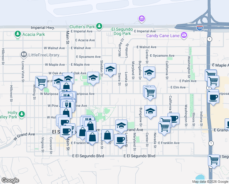 map of restaurants, bars, coffee shops, grocery stores, and more near 615 Penn Street in El Segundo