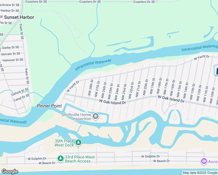 map of restaurants, bars, coffee shops, grocery stores, and more near 112-114 Northwest 25th Street in Oak Island