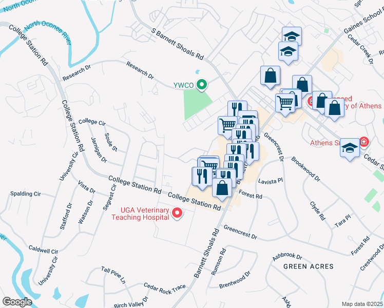 map of restaurants, bars, coffee shops, grocery stores, and more near 110 International Drive in Athens