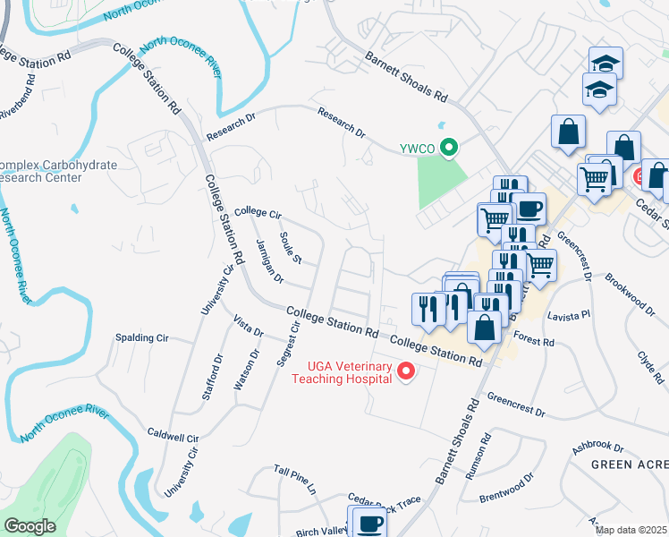 map of restaurants, bars, coffee shops, grocery stores, and more near 121 Mark Twain Circle in Athens