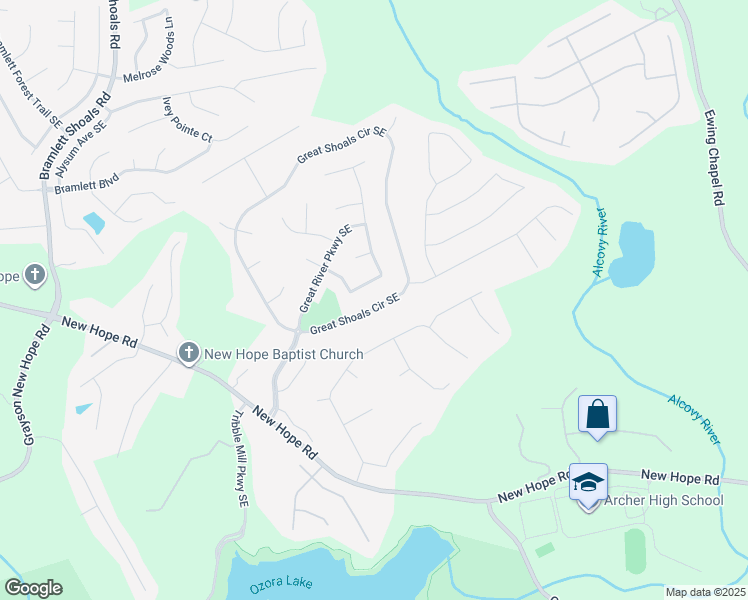 map of restaurants, bars, coffee shops, grocery stores, and more near 1358 Great Shoals Circle Southeast in Lawrenceville