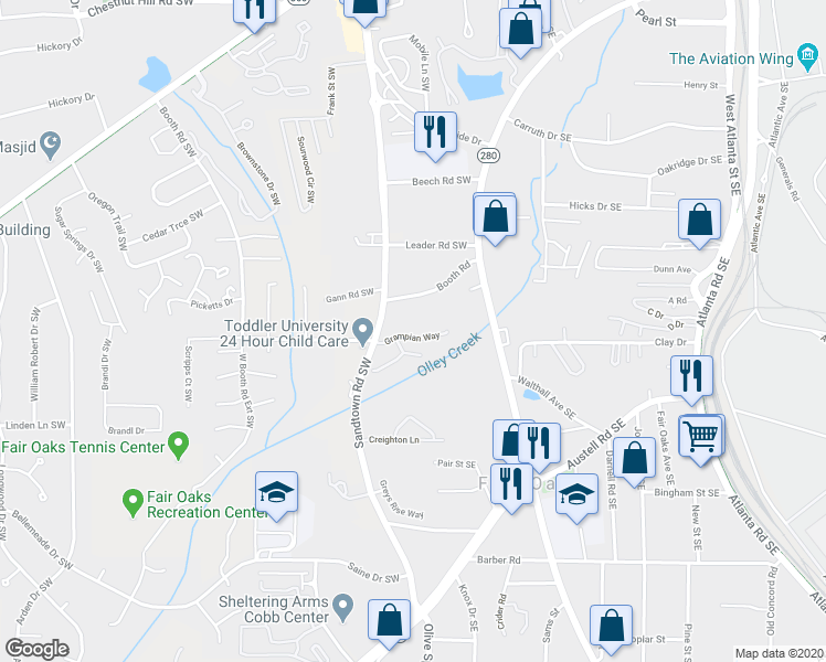 map of restaurants, bars, coffee shops, grocery stores, and more near 82 Grampian Way in Marietta