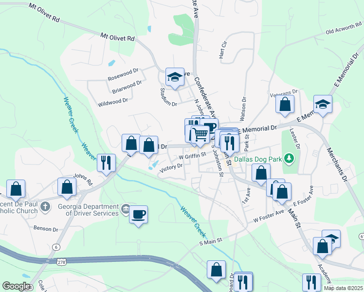 map of restaurants, bars, coffee shops, grocery stores, and more near 351 West Memorial Drive in Dallas