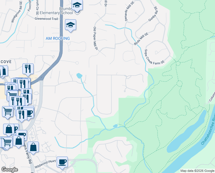 map of restaurants, bars, coffee shops, grocery stores, and more near 1365 Timberland Drive in Marietta