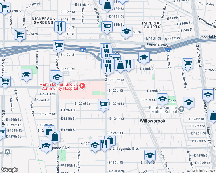 map of restaurants, bars, coffee shops, grocery stores, and more near 1909 East 120th Street in Los Angeles