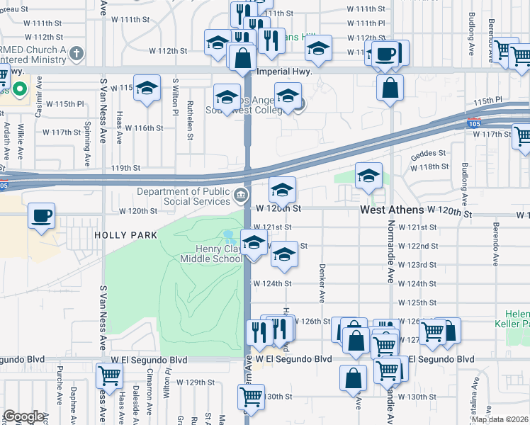 map of restaurants, bars, coffee shops, grocery stores, and more near 1732 West 120th Street in Los Angeles