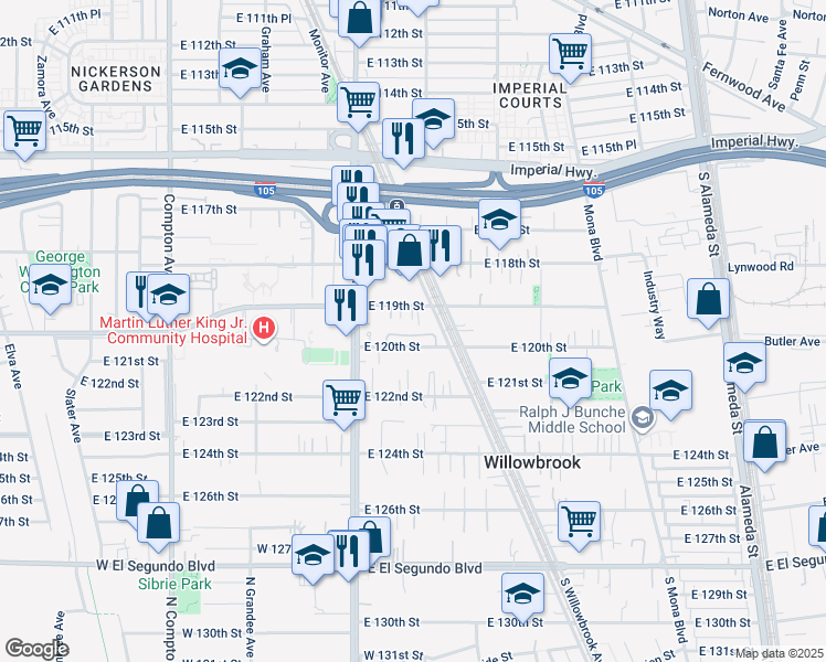 map of restaurants, bars, coffee shops, grocery stores, and more near 2041 East 120th Street in Los Angeles