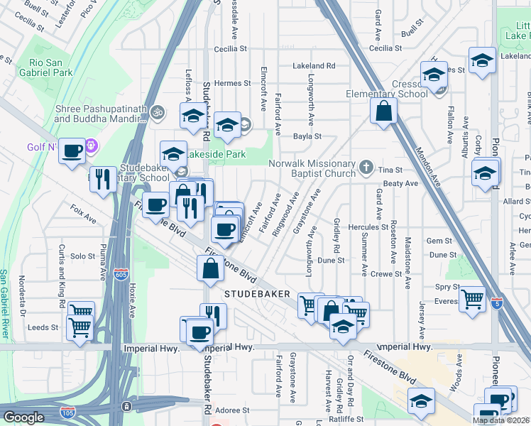 map of restaurants, bars, coffee shops, grocery stores, and more near 11903 Fairford Avenue in Norwalk