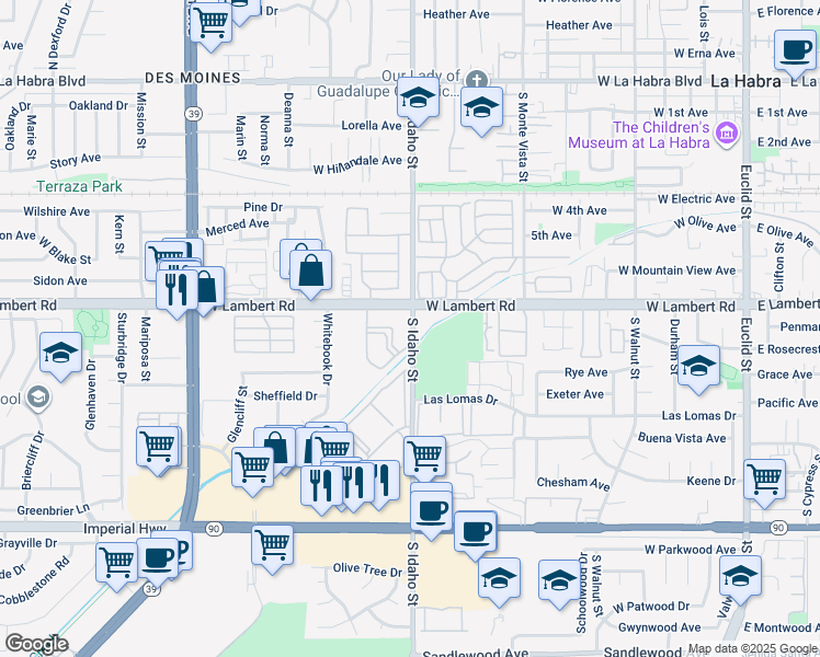 map of restaurants, bars, coffee shops, grocery stores, and more near West Lambert Road in La Habra Heights