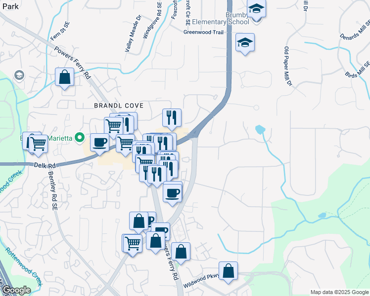map of restaurants, bars, coffee shops, grocery stores, and more near 1150 Terrell Mill Road in Marietta
