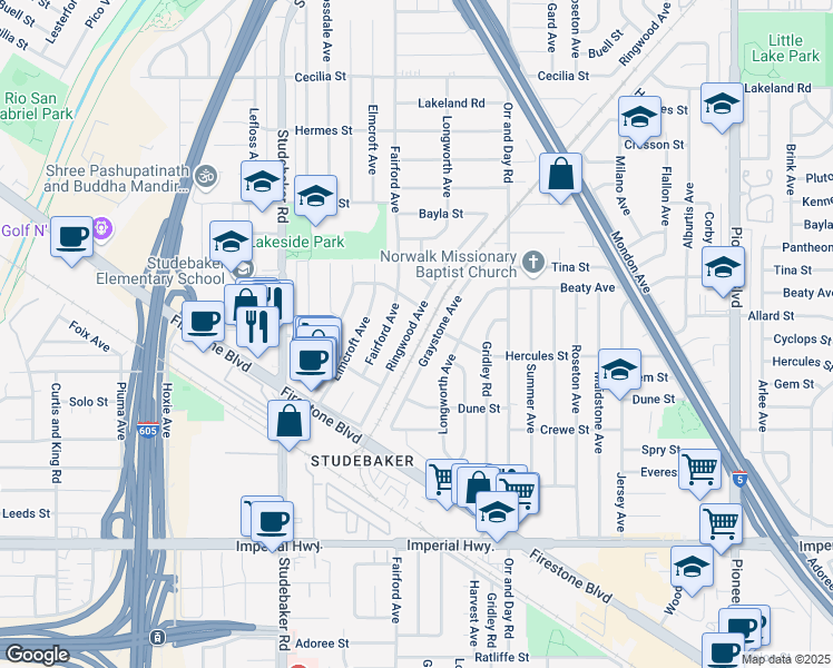 map of restaurants, bars, coffee shops, grocery stores, and more near 11857 Graystone Avenue in Norwalk