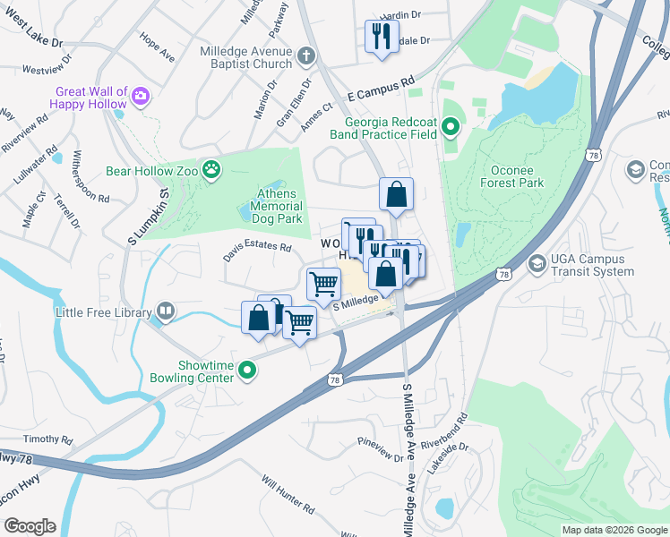 map of restaurants, bars, coffee shops, grocery stores, and more near 101 Davis Street in Athens