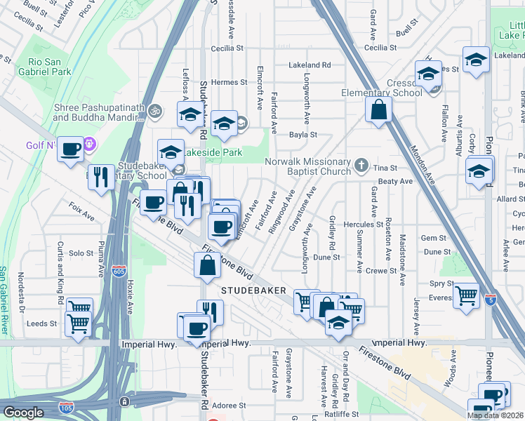 map of restaurants, bars, coffee shops, grocery stores, and more near 11903 Fairford Avenue in Norwalk