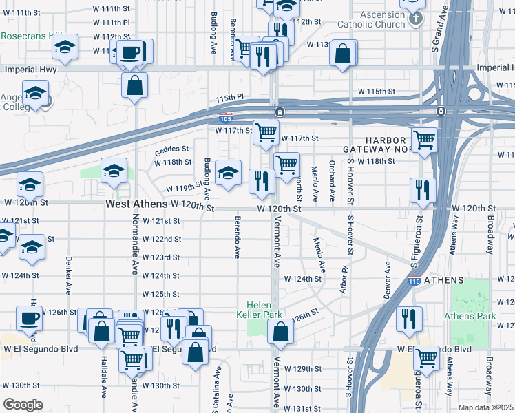map of restaurants, bars, coffee shops, grocery stores, and more near 1023 West 120th Street in Los Angeles