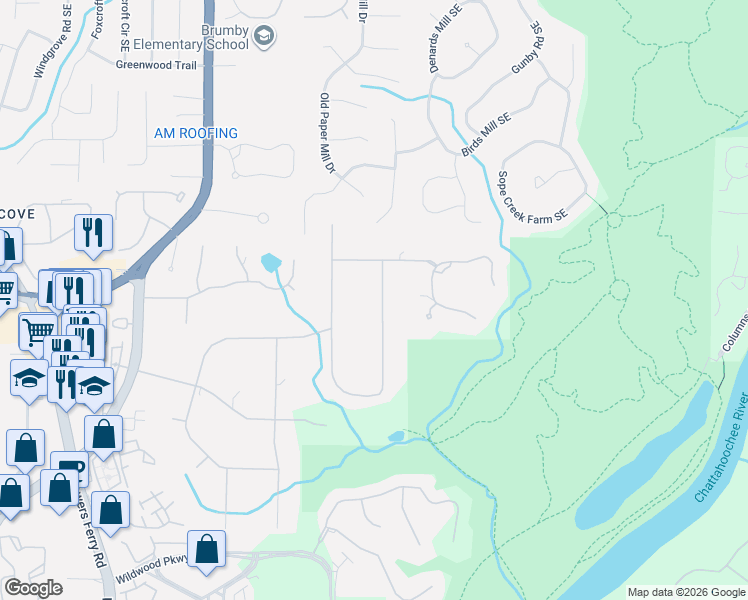 map of restaurants, bars, coffee shops, grocery stores, and more near 1365 Timberland Drive in Marietta
