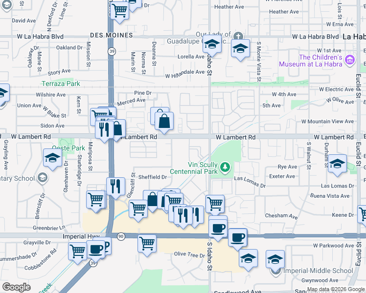 map of restaurants, bars, coffee shops, grocery stores, and more near in La Habra